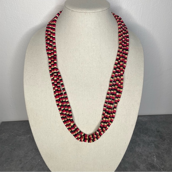 The Unbranded Brand Jewelry - Vintage 1980's Wooden Beaded Necklace Black, Cream,‎ Red Five Strands